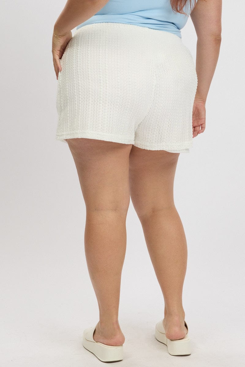 White Crochet-Look Knit Elastic Waist Shorts for YouandAll Fashion