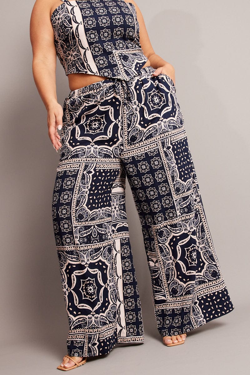 Blue Abstract Wide Leg Pants High Rise for YouandAll Fashion