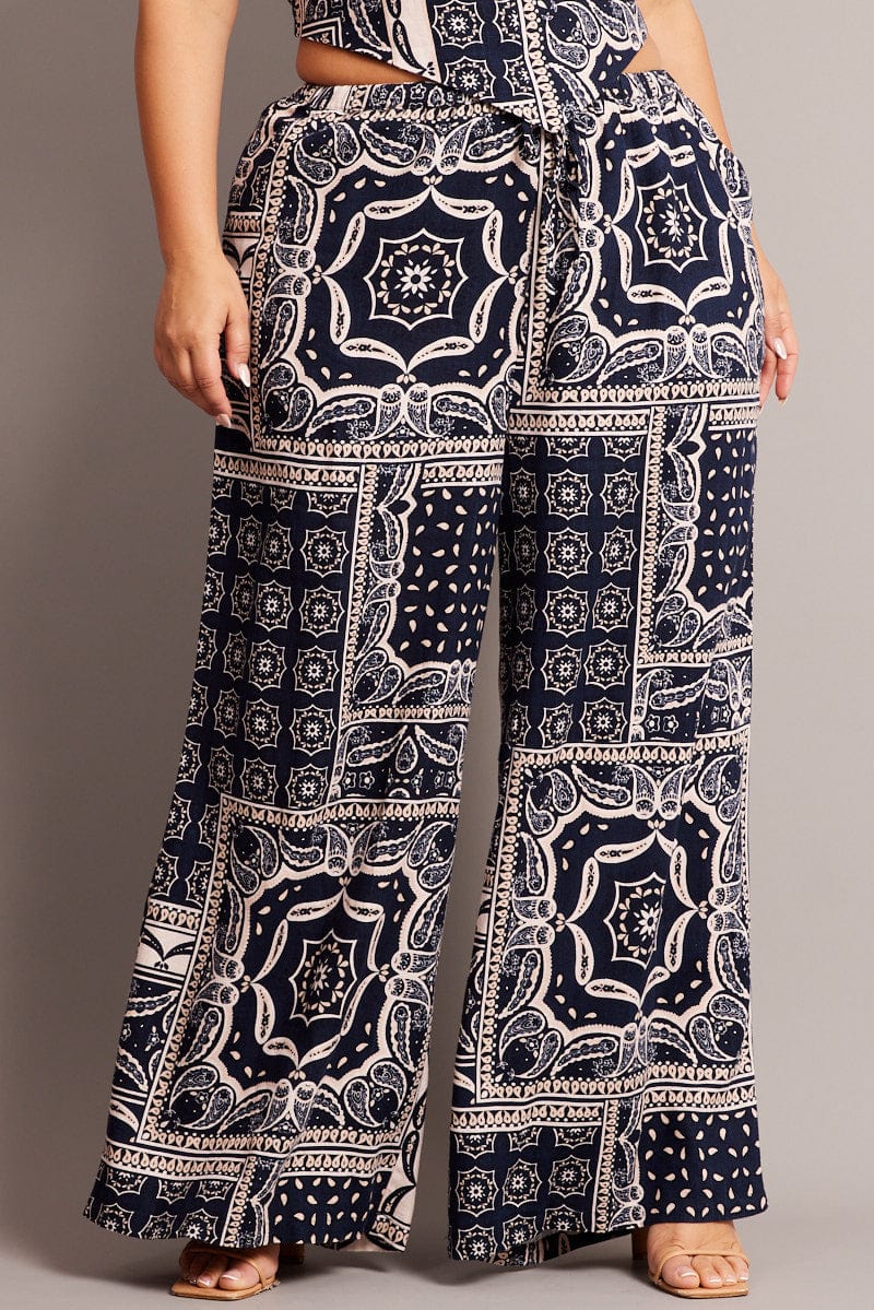 Blue Abstract Wide Leg Pants High Rise for YouandAll Fashion