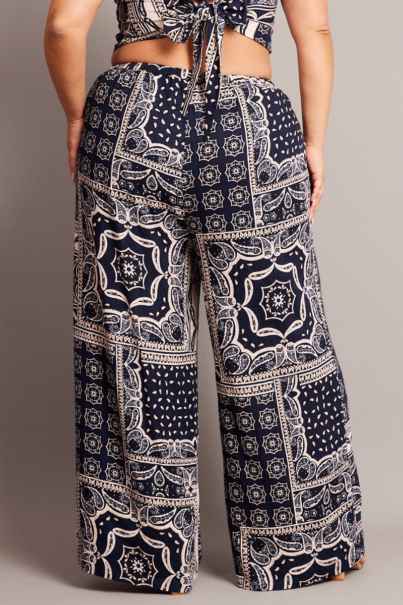 Blue Abstract Wide Leg Pants High Rise for YouandAll Fashion