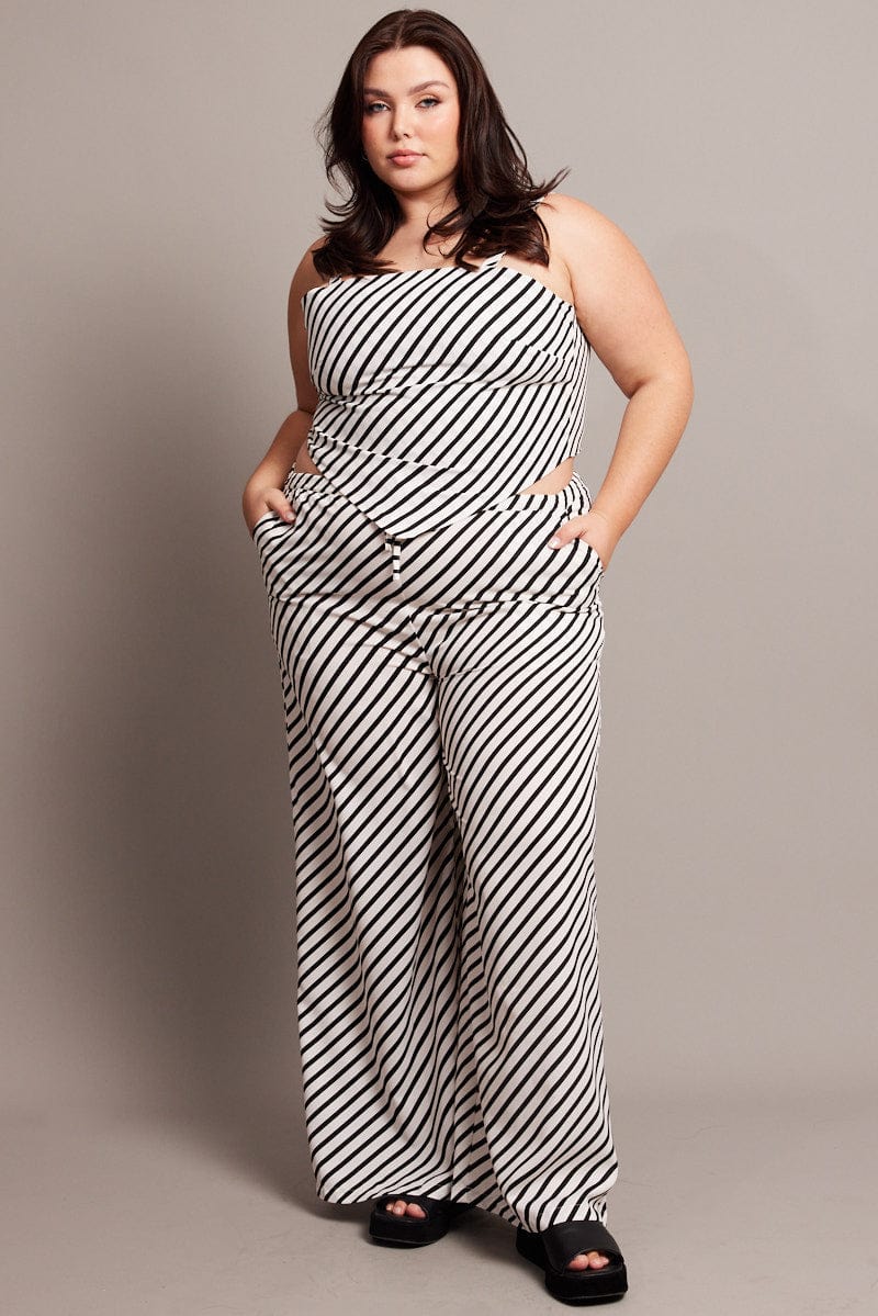 Black Stripe Wide Leg Pants High Rise for YouandAll Fashion