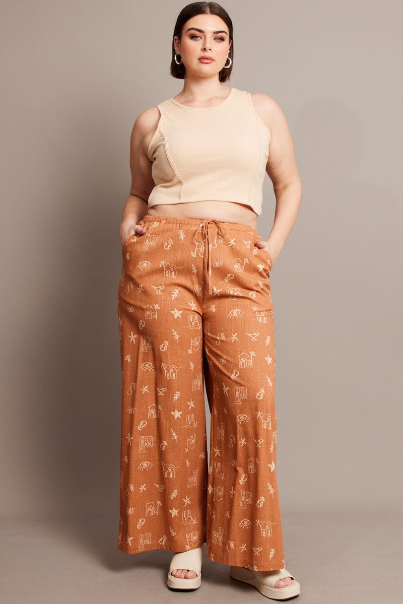 Brown Abstract Wide Leg Pants High Rise for YouandAll Fashion