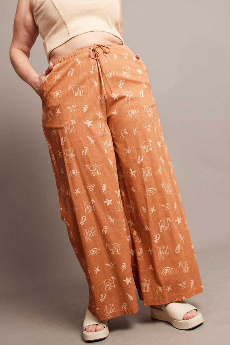 Brown Abstract Wide Leg Pants High Rise for YouandAll Fashion