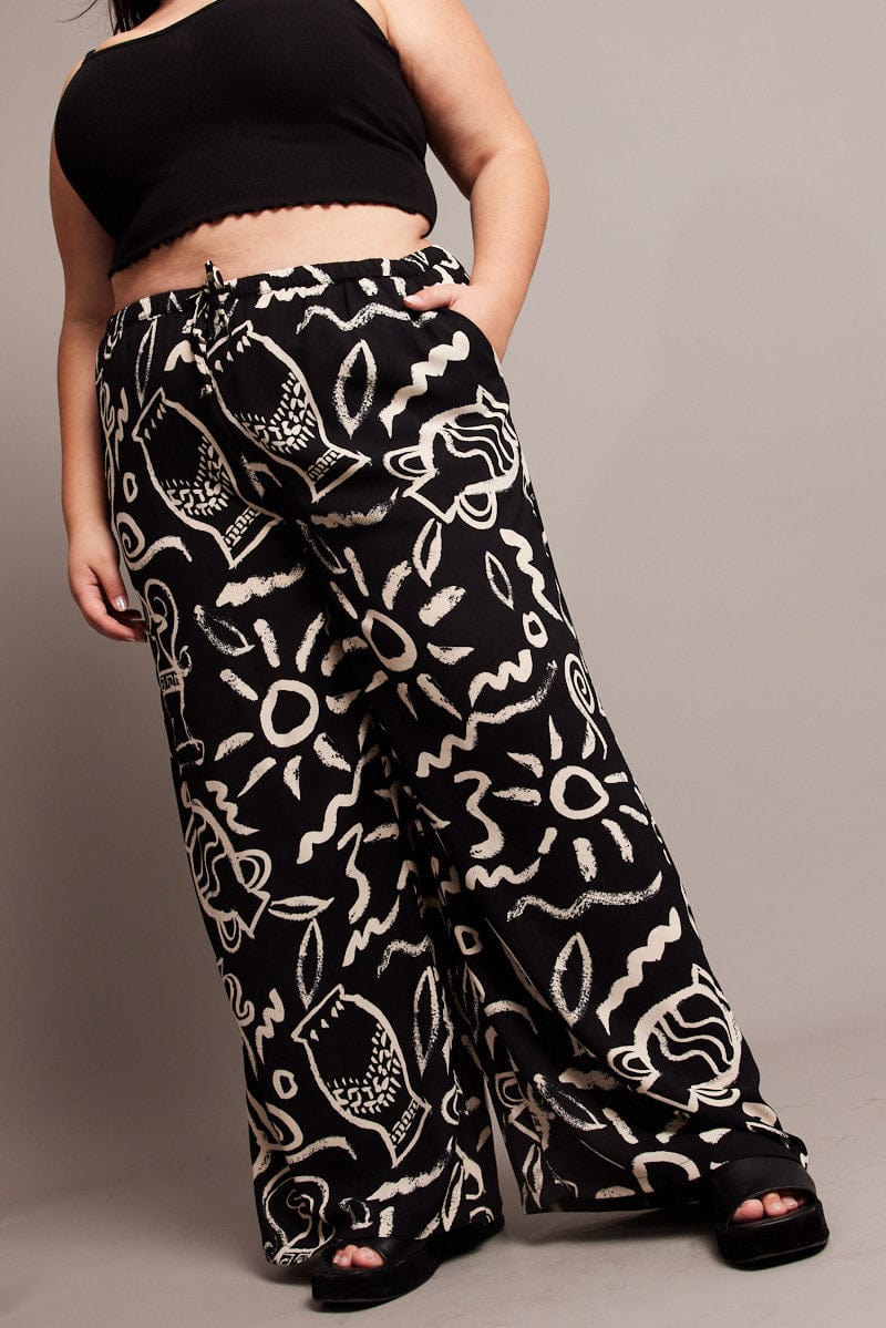 Black Abstract Wide Leg Pants High Rise for YouandAll Fashion