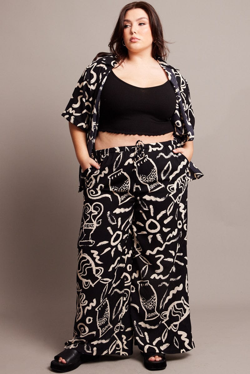 Black Abstract Wide Leg Pants High Rise for YouandAll Fashion