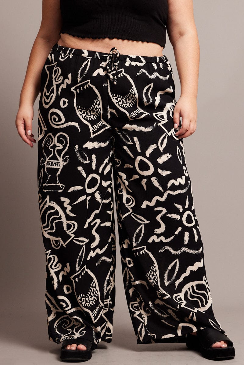 Black Abstract Wide Leg Pants High Rise for YouandAll Fashion