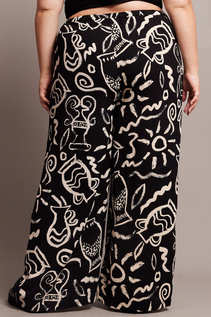 Black Abstract Wide Leg Pants High Rise for YouandAll Fashion