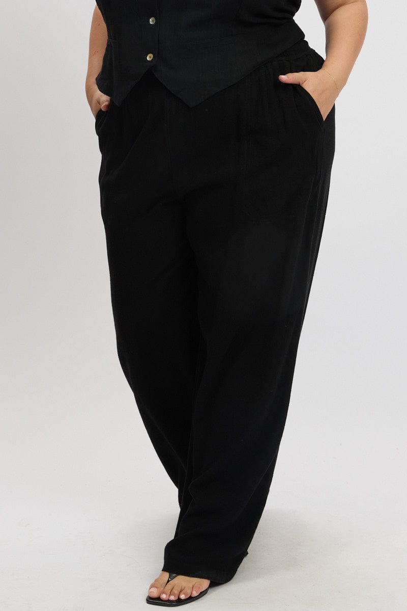 Black Elastic Waist Wide Leg Linen Blend Pants for YouandAll Fashion