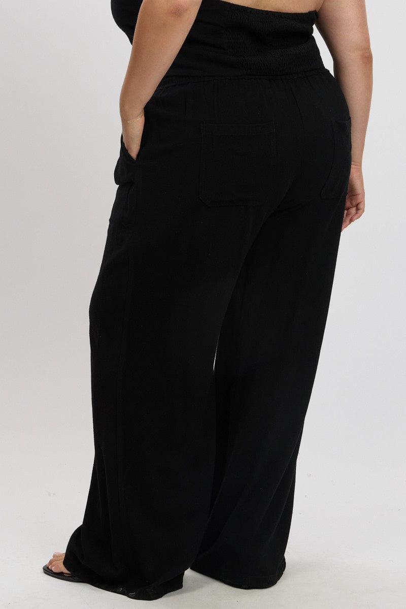 Black Elastic Waist Wide Leg Linen Blend Pants for YouandAll Fashion