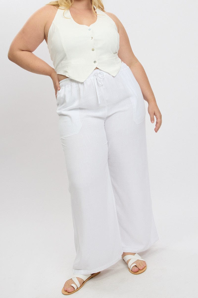 White Elastic Waist Wide Leg Linen Blend Pants for YouandAll Fashion