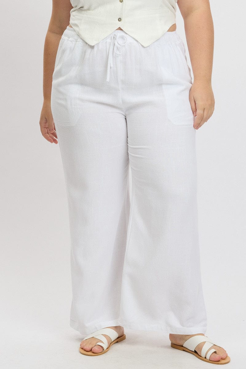 White Elastic Waist Wide Leg Linen Blend Pants for YouandAll Fashion