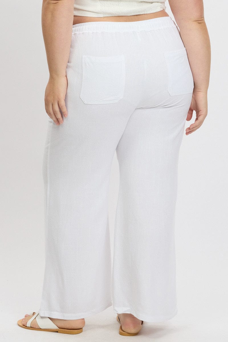 White Elastic Waist Wide Leg Linen Blend Pants for YouandAll Fashion