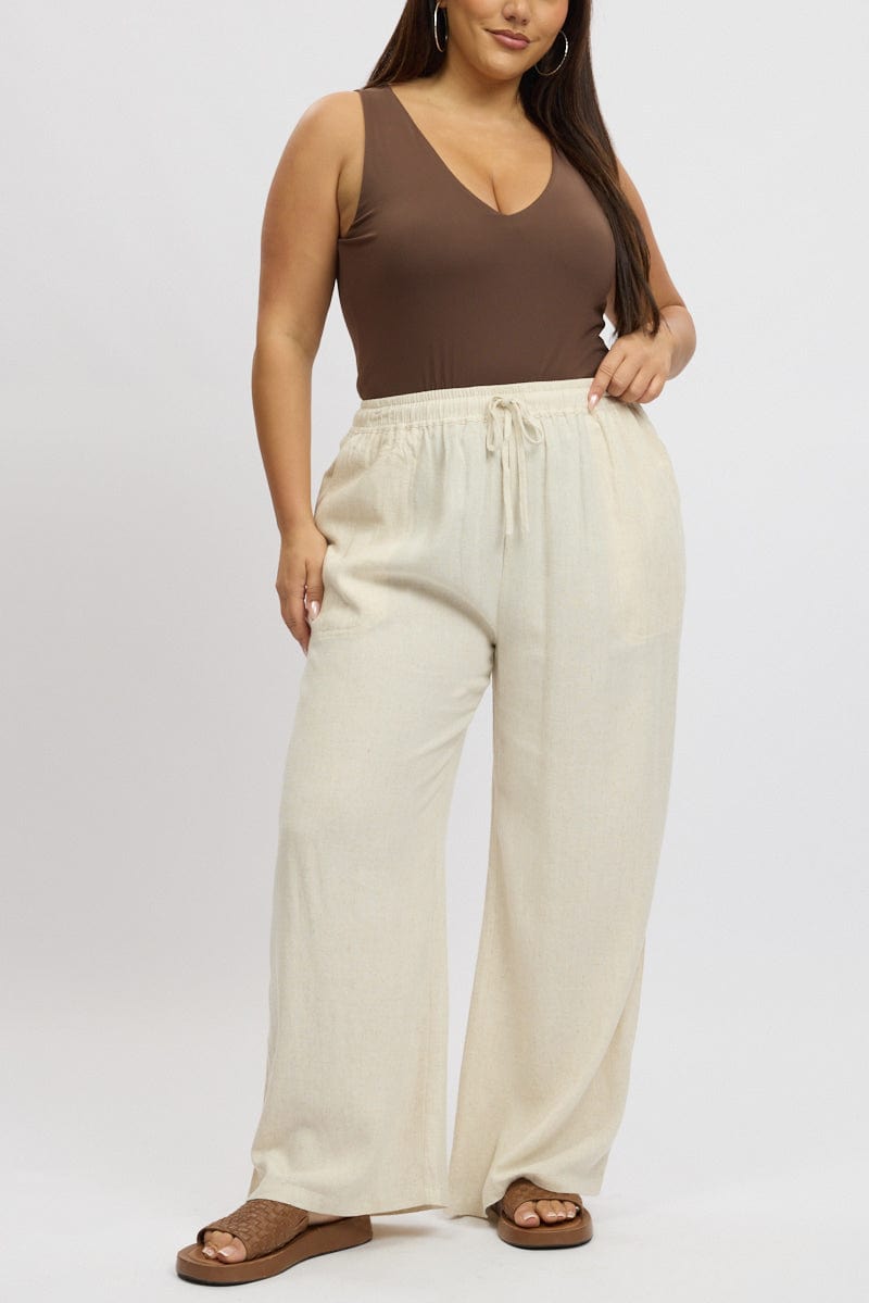 Beige Elastic Waist Wide Leg Linen Blend Pants for YouandAll Fashion