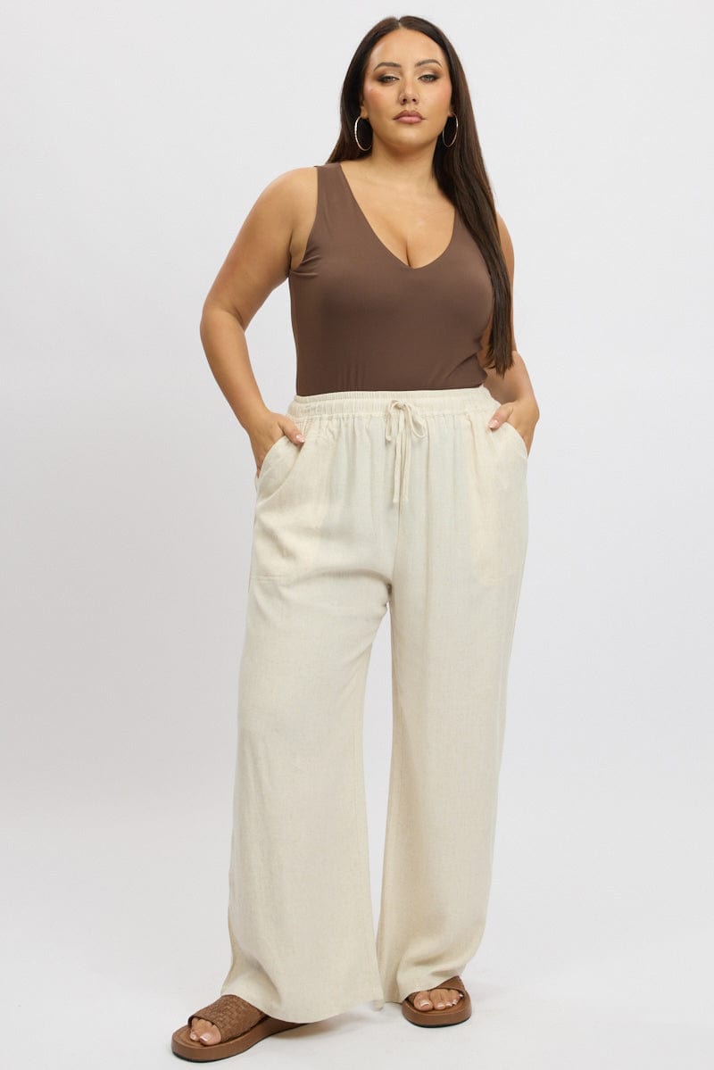 Beige Elastic Waist Wide Leg Linen Blend Pants for YouandAll Fashion