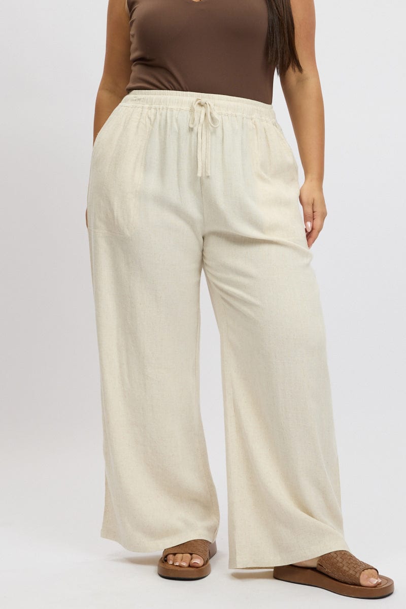 Beige Elastic Waist Wide Leg Linen Blend Pants for YouandAll Fashion