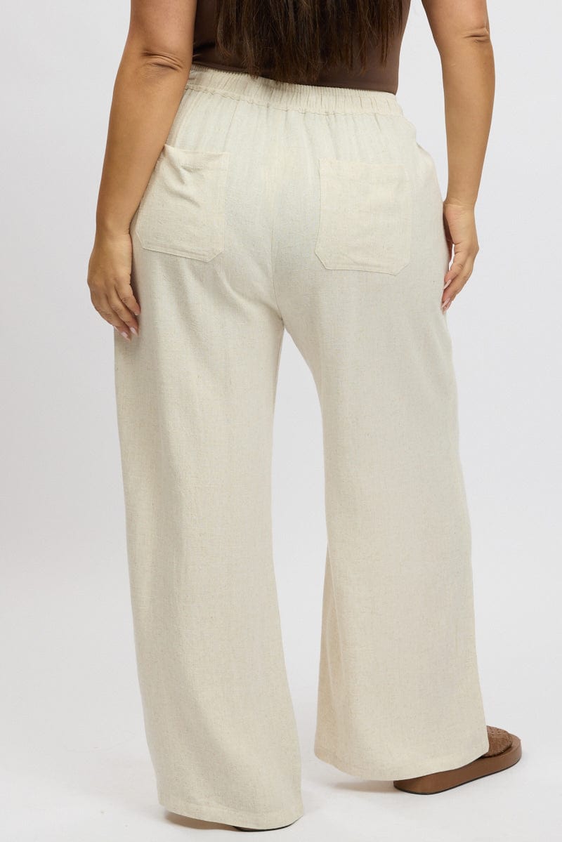 Beige Elastic Waist Wide Leg Linen Blend Pants for YouandAll Fashion