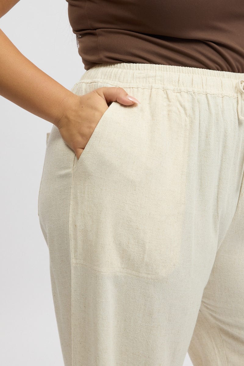 Beige Elastic Waist Wide Leg Linen Blend Pants for YouandAll Fashion