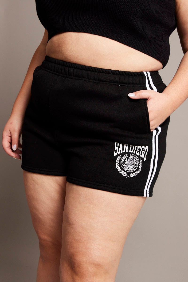 Black Track Shorts High Rise Elastic Waist for YouandAll Fashion