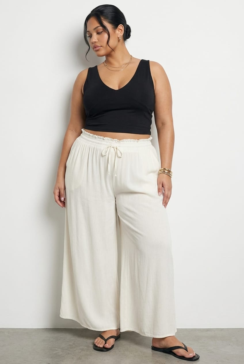 White Wide Leg Pants Elastic Waist for YouandAll Fashion