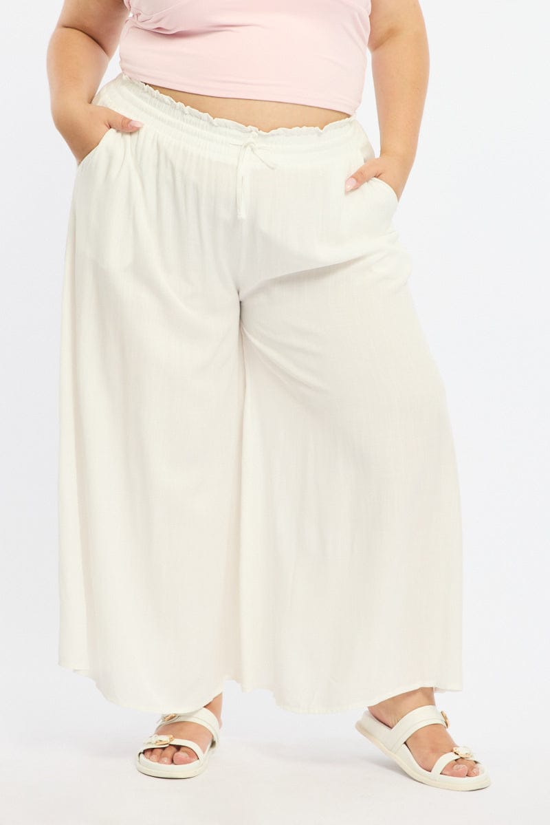 White Wide Leg Pants Elastic Waist for YouandAll Fashion
