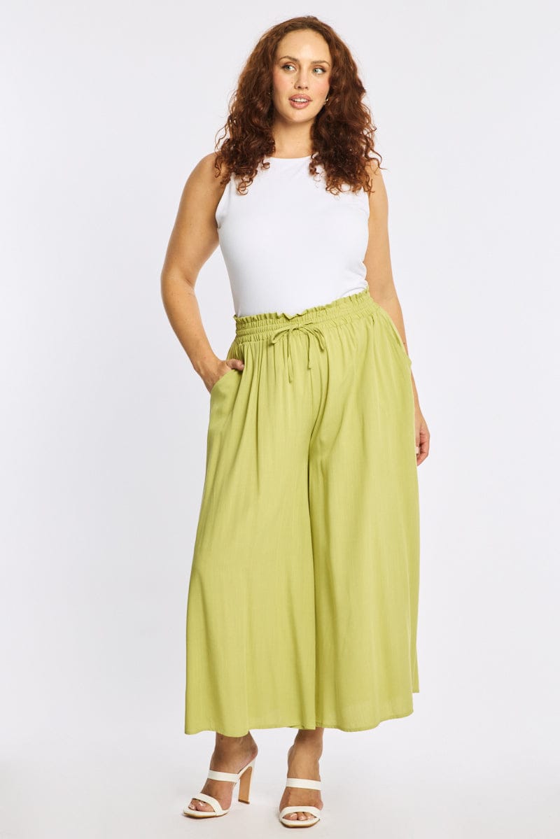 Green Wide Leg Pants Elastic Waist for YouandAll Fashion