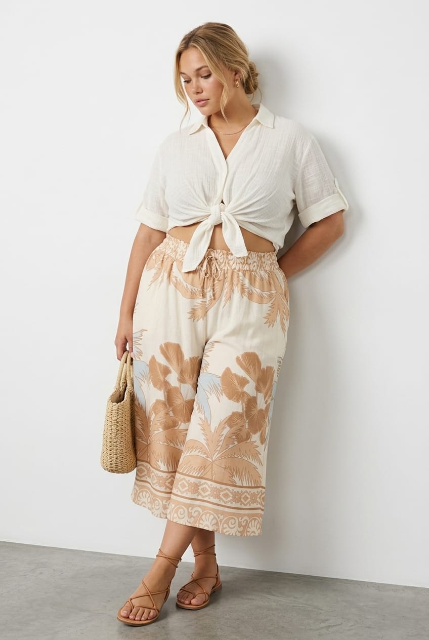 Beige Abstract Wide Leg Culottes Abstract Print