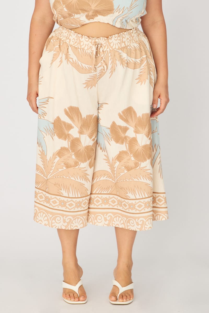 Beige Abstract Wide Leg Culottes Abstract Print for YouandAll Fashion