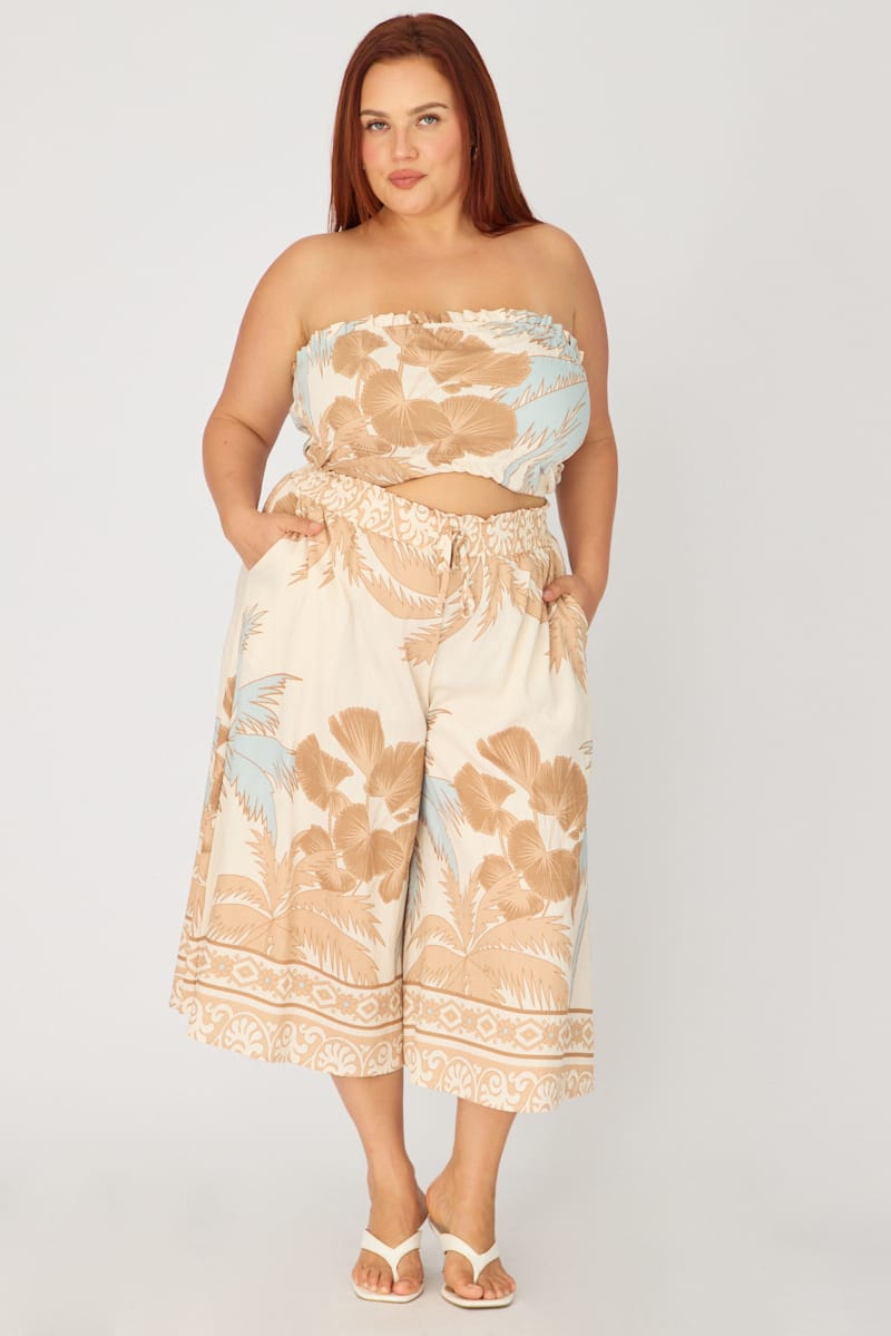 Beige Abstract Wide Leg Culottes Abstract Print for YouandAll Fashion