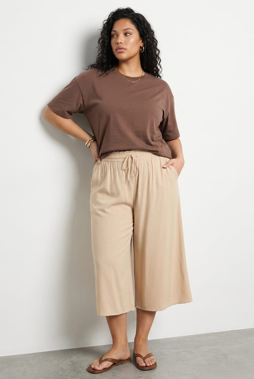 Beige Wide Leg Culottes High Rise for YouandAll Fashion