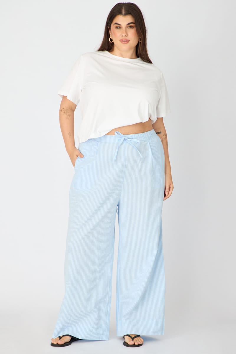 Blue Stripe Wide Leg Pants Striped Elasticated Waist for YouandAll Fashion