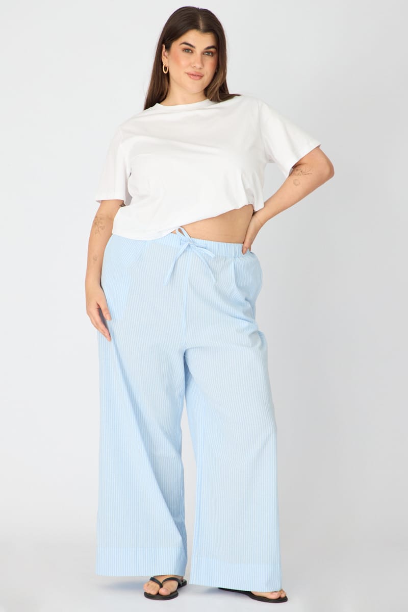 Blue Stripe Wide Leg Pants Striped Elasticated Waist for YouandAll Fashion