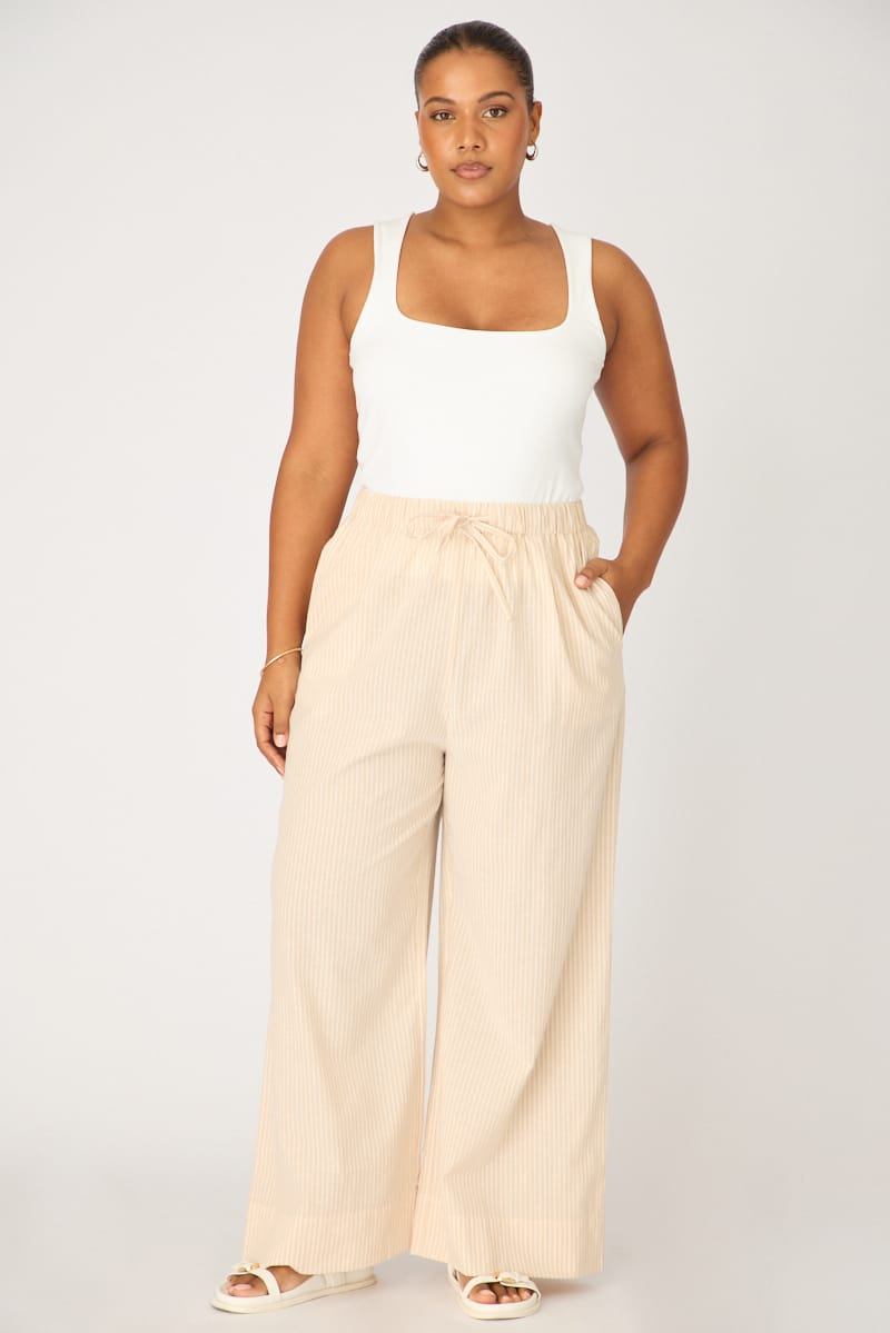 Beige Stripe Wide Leg Pants Striped Elasticated Waist for YouandAll Fashion