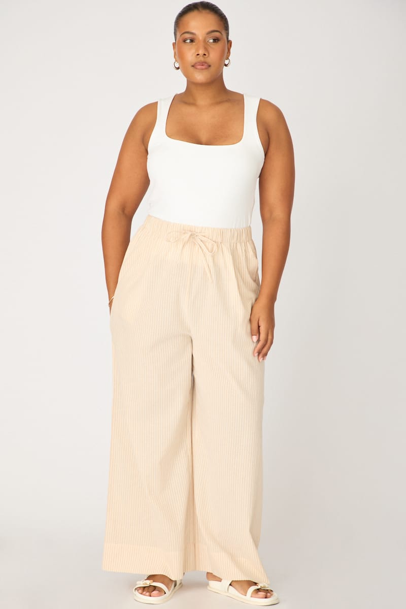 Beige Stripe Wide Leg Pants Striped Elasticated Waist for YouandAll Fashion