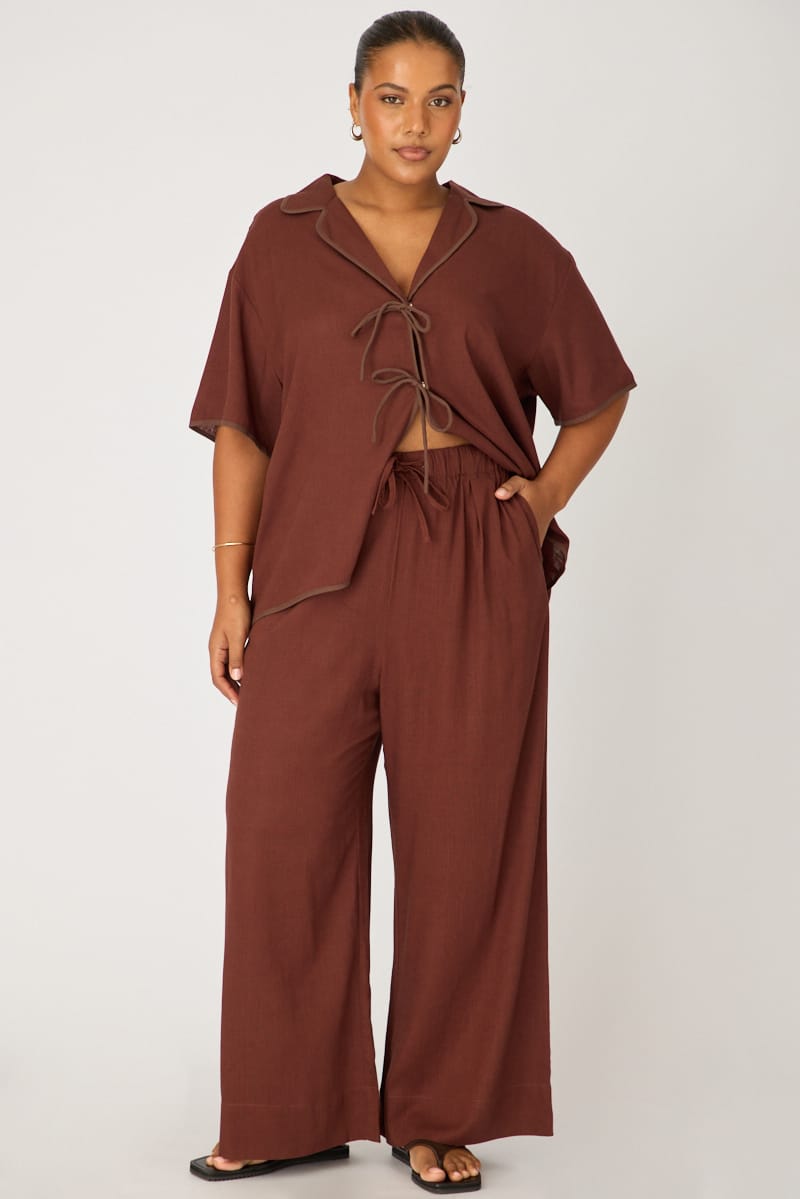 Brown Wide Leg Pants Linen Blend for YouandAll Fashion