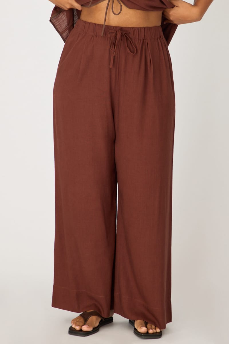 Brown Wide Leg Pants Linen Blend for YouandAll Fashion