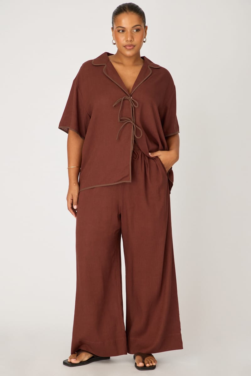 Brown Wide Leg Pants Linen Blend for YouandAll Fashion