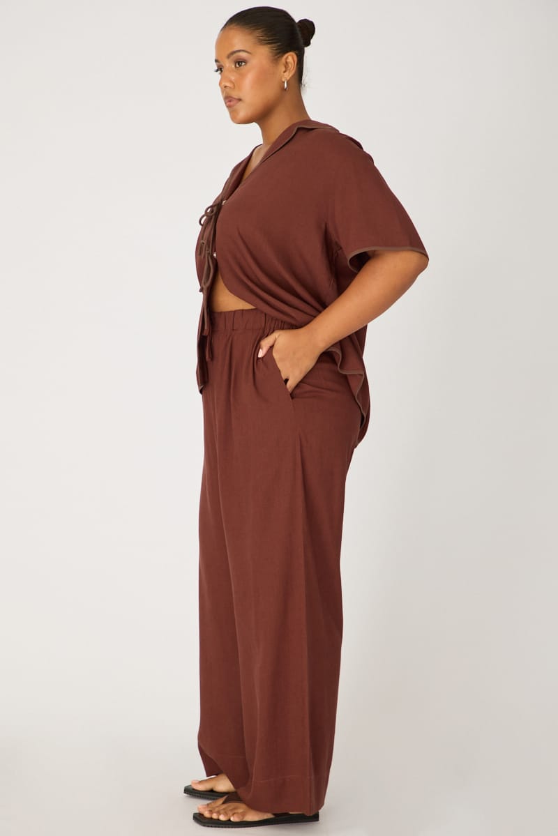 Brown Wide Leg Pants Linen Blend for YouandAll Fashion