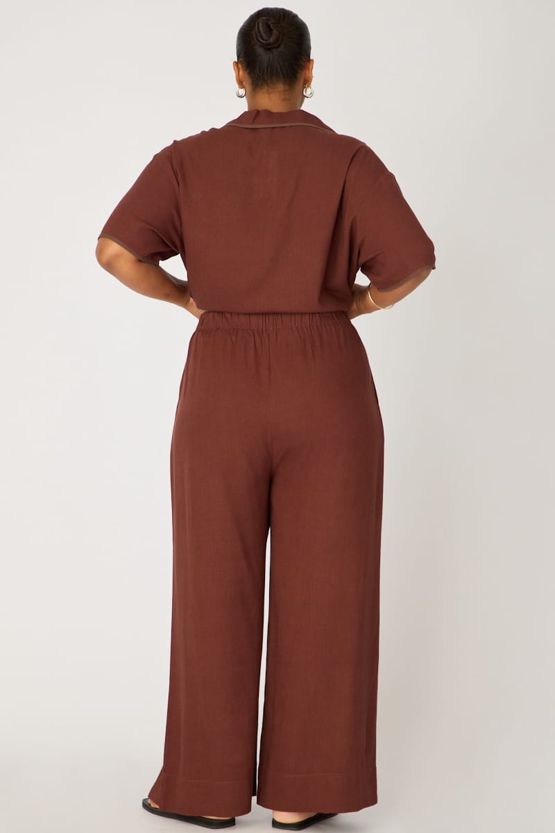 Brown Wide Leg Pants Linen Blend for YouandAll Fashion