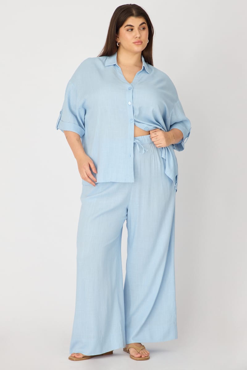 Blue Wide Leg Pants Linen Blend for YouandAll Fashion