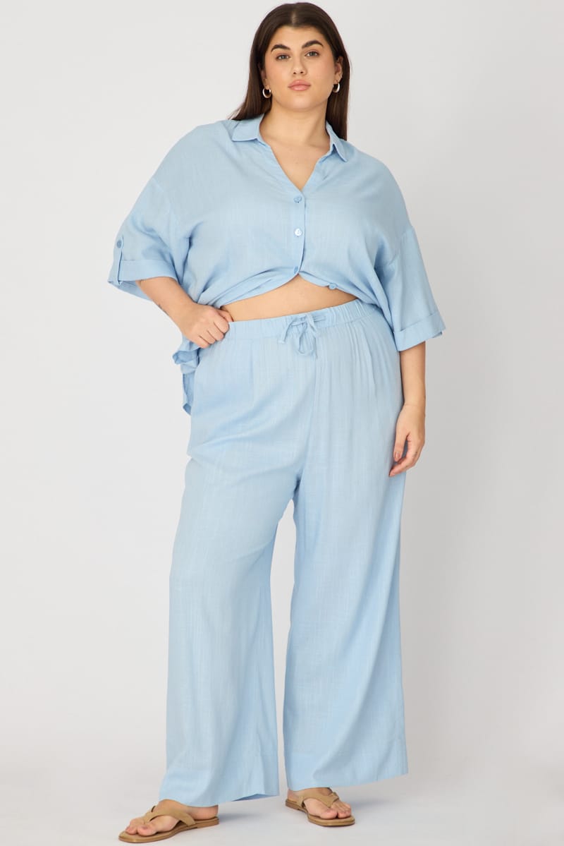 Blue Wide Leg Pants Linen Blend for YouandAll Fashion