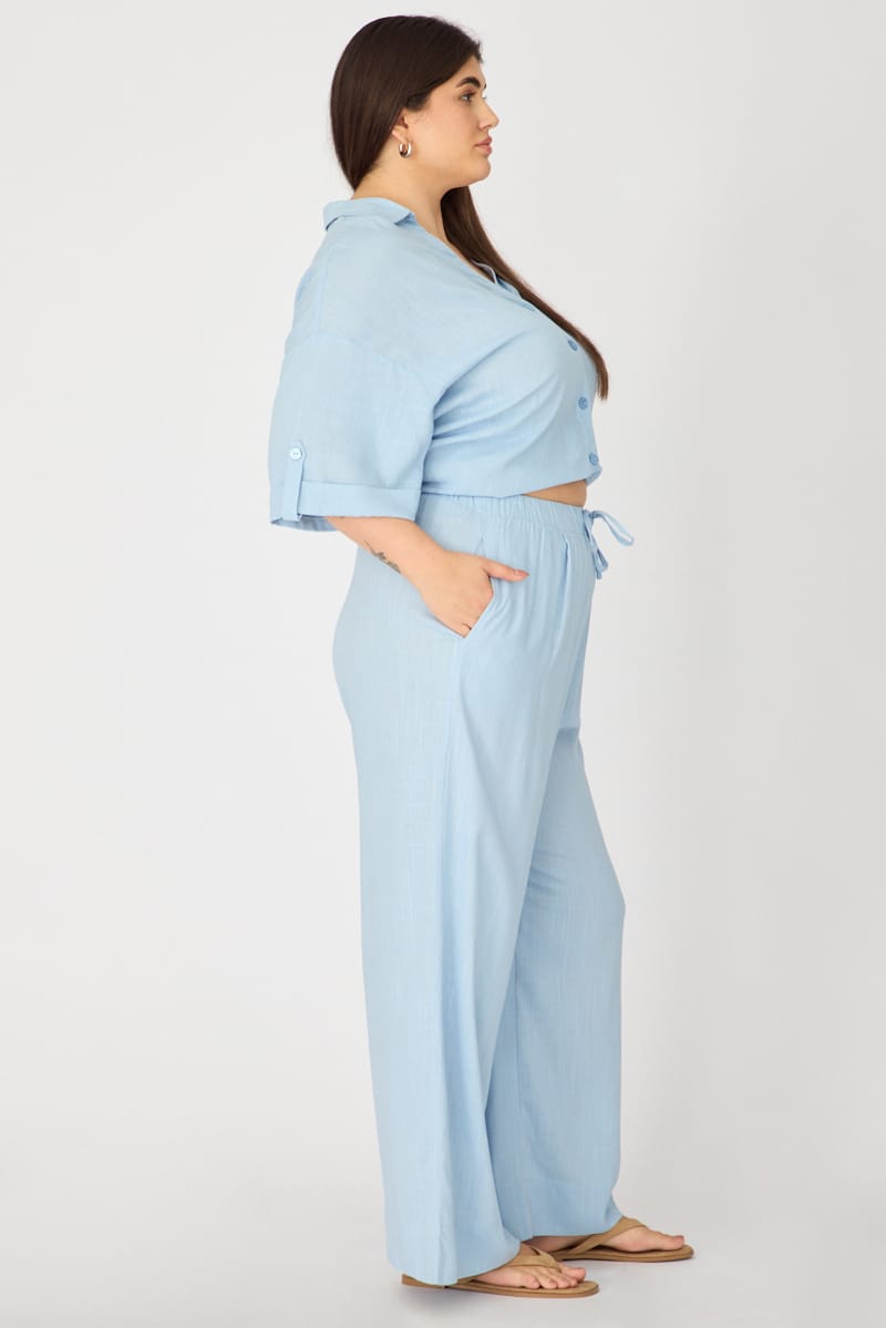 Blue Wide Leg Pants Linen Blend for YouandAll Fashion