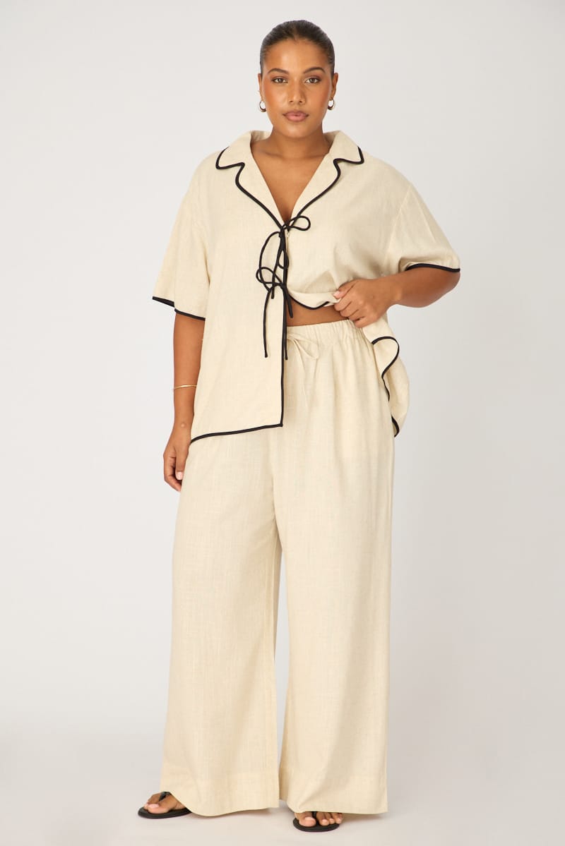 Beige Wide Leg Pants Linen Blend for YouandAll Fashion