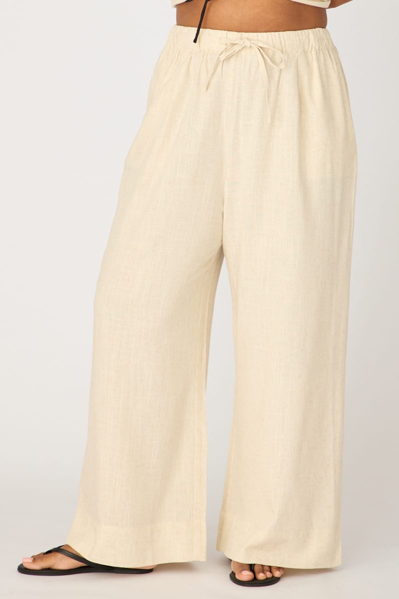 Beige Wide Leg Pants Linen Blend for YouandAll Fashion