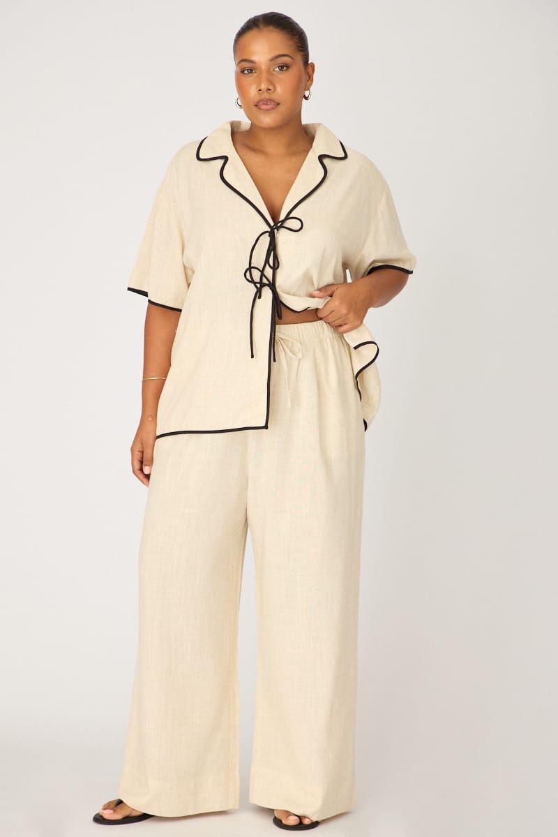 Beige Wide Leg Pants Linen Blend for YouandAll Fashion