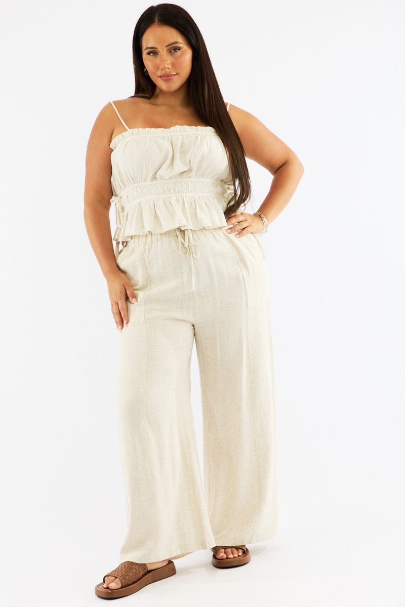 Beige Seam Detail Linen Blend Wide Leg Pants for YouandAll Fashion