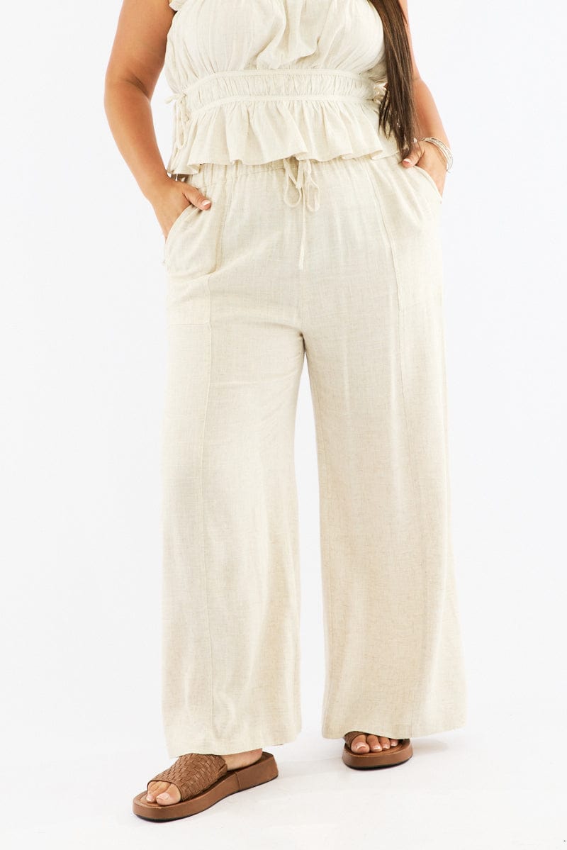 Beige Seam Detail Linen Blend Wide Leg Pants for YouandAll Fashion