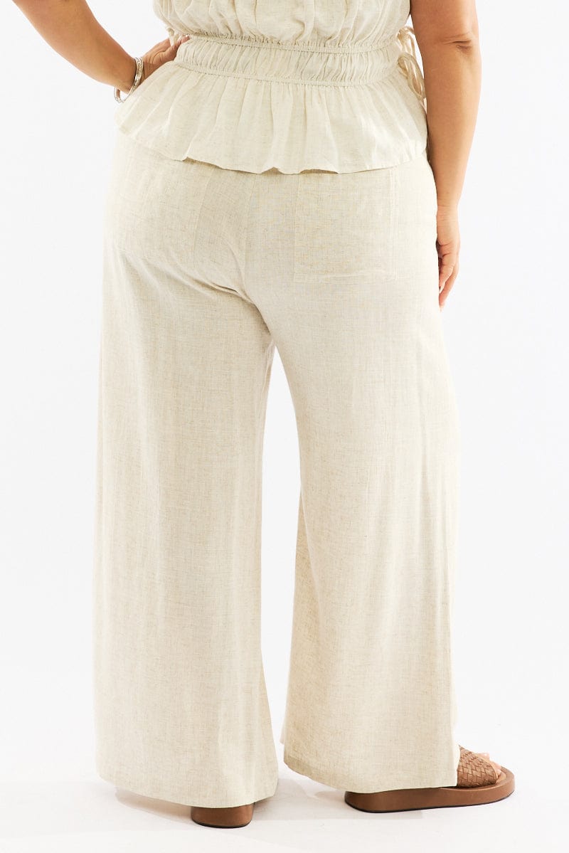 Beige Seam Detail Linen Blend Wide Leg Pants for YouandAll Fashion