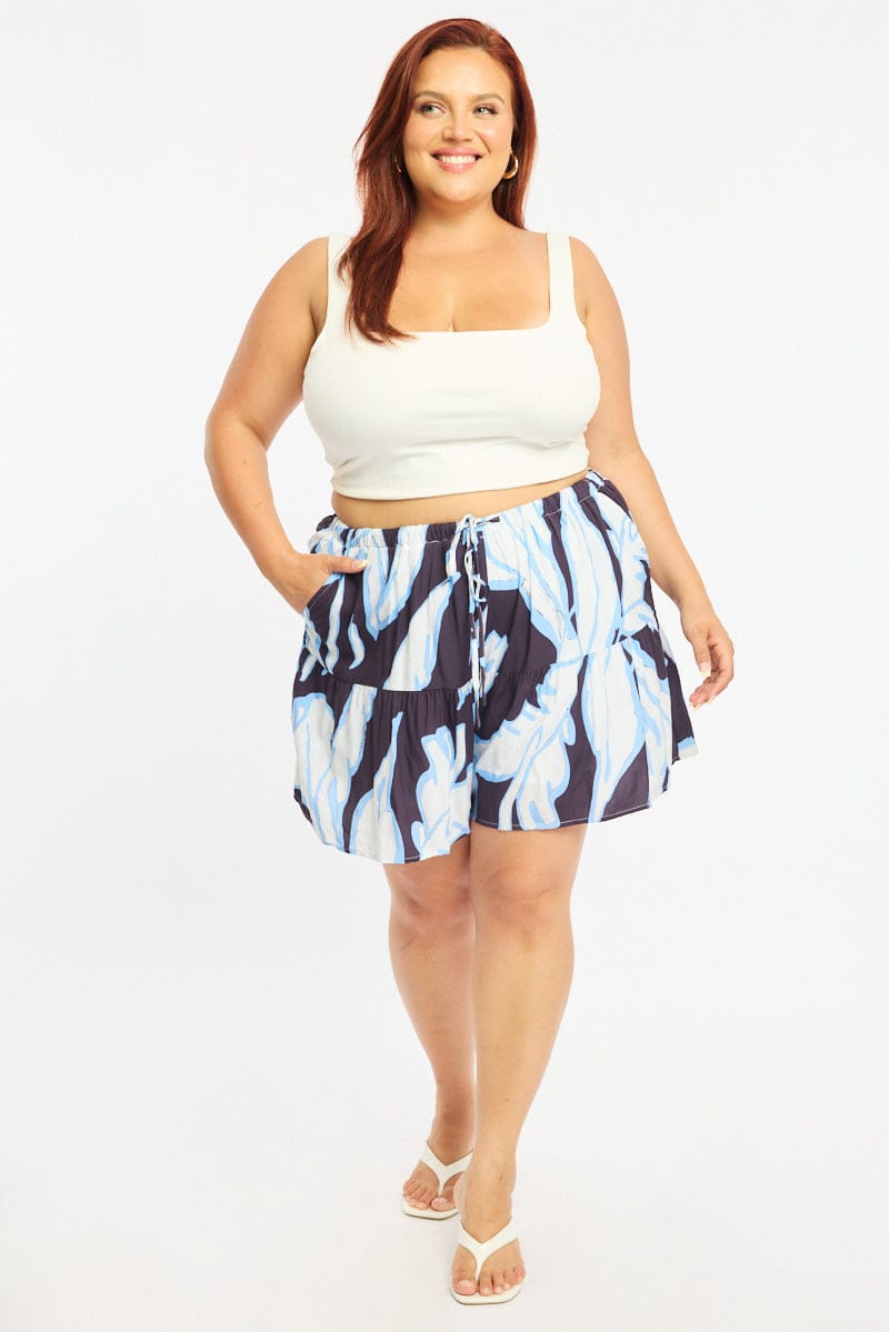 Blue Floral Elastic Waist Shorts for YouandAll Fashion