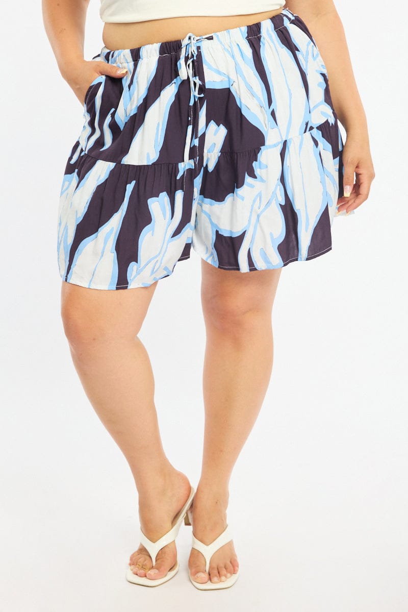 Blue Floral Elastic Waist Shorts for YouandAll Fashion