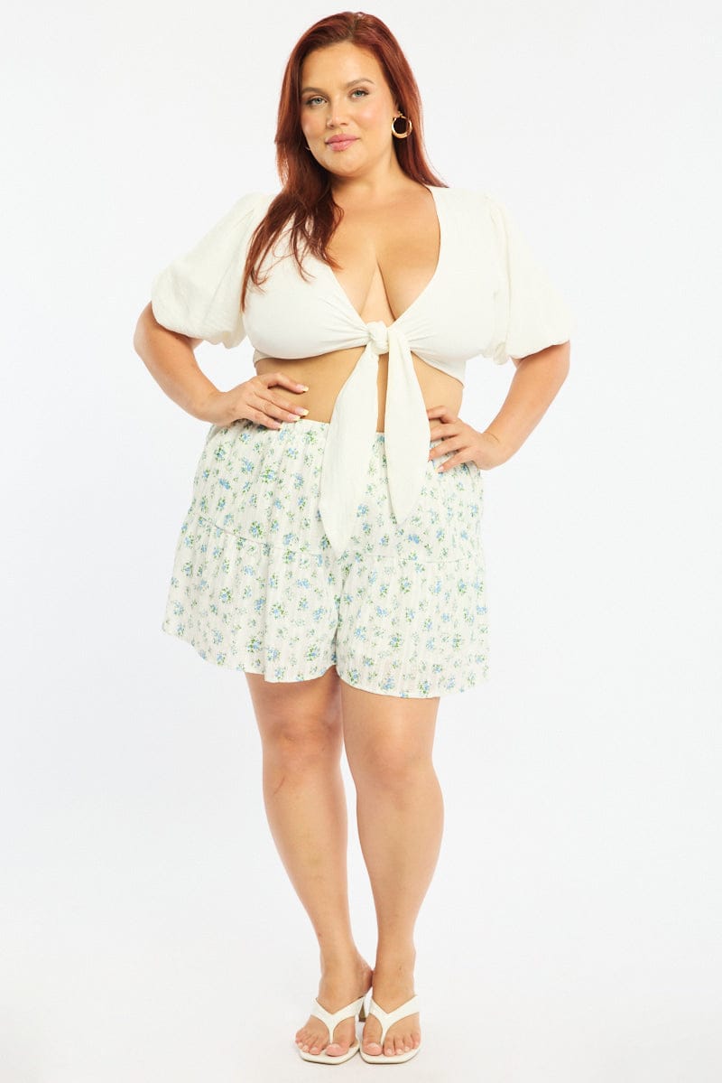 White Ditsy Skorts Elastic Waist for YouandAll Fashion